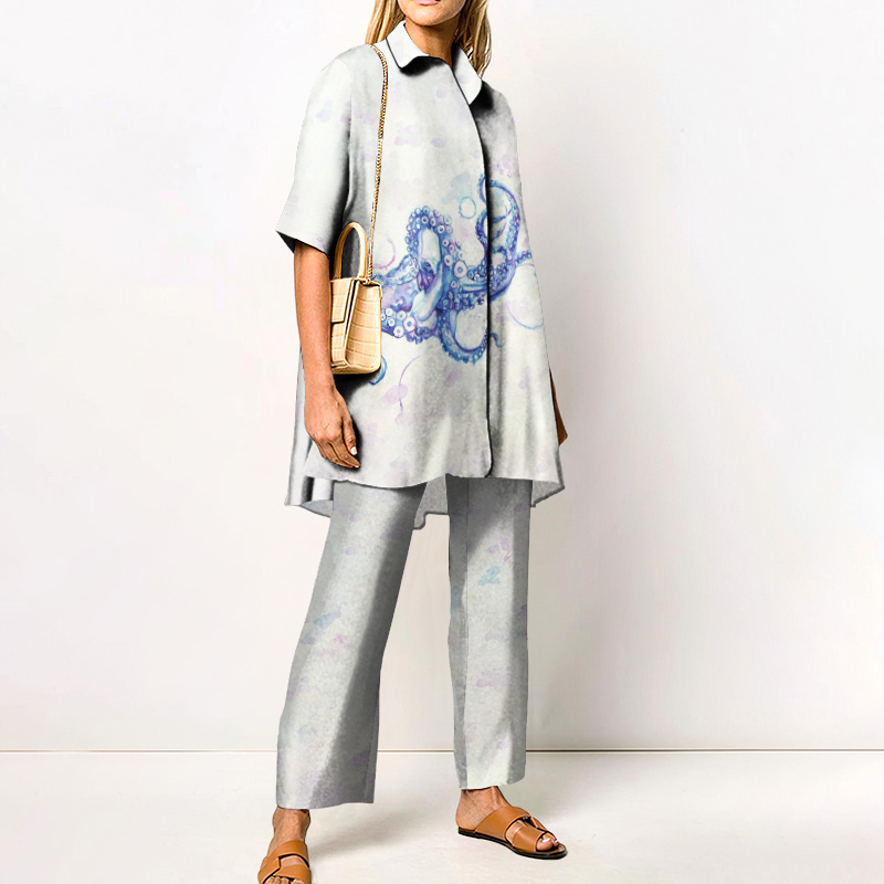 Vacation Casual Octopus Watercolor Art Print Loose Shirt Set - Blue - 4XL - image 1