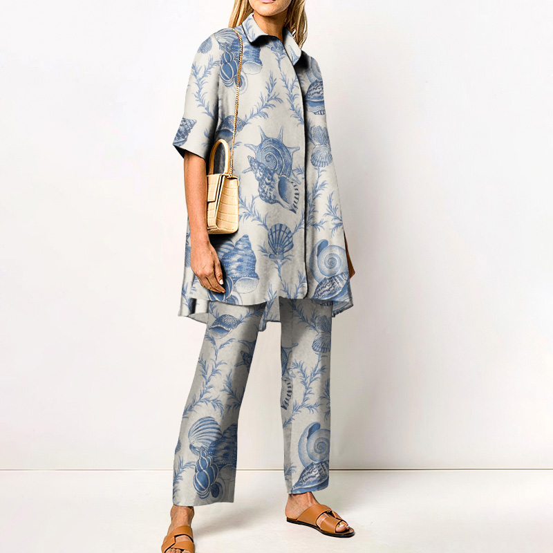 Vacation Retro Shell Print Loose Shirt Set - Blue - 4XL - image 1