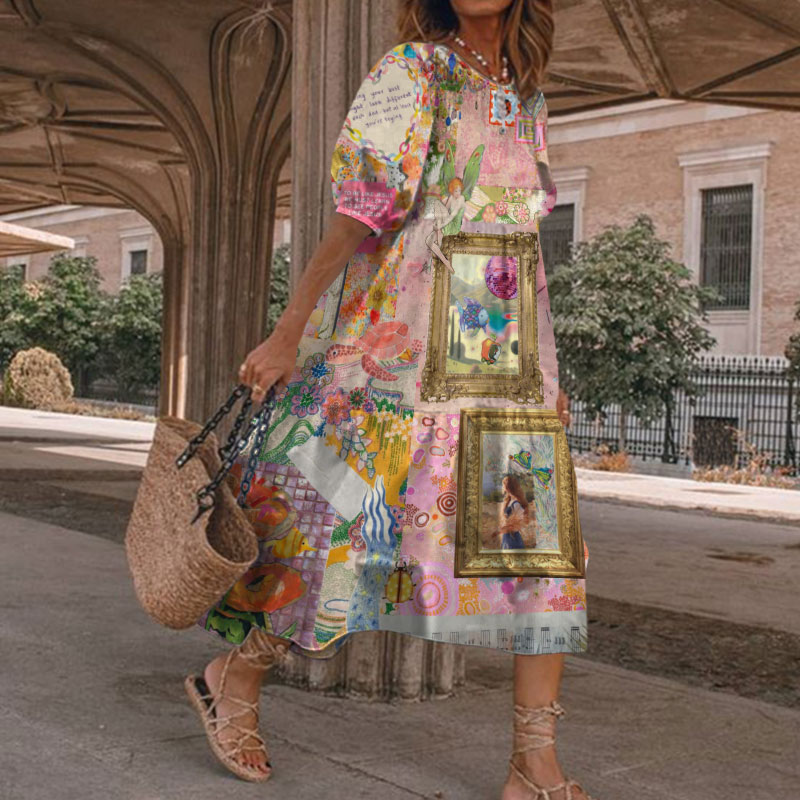 Summer Vacation Bohemian Floral Patchwork Design Printed Casual Loose Dress - Pink - 5XL - image 1