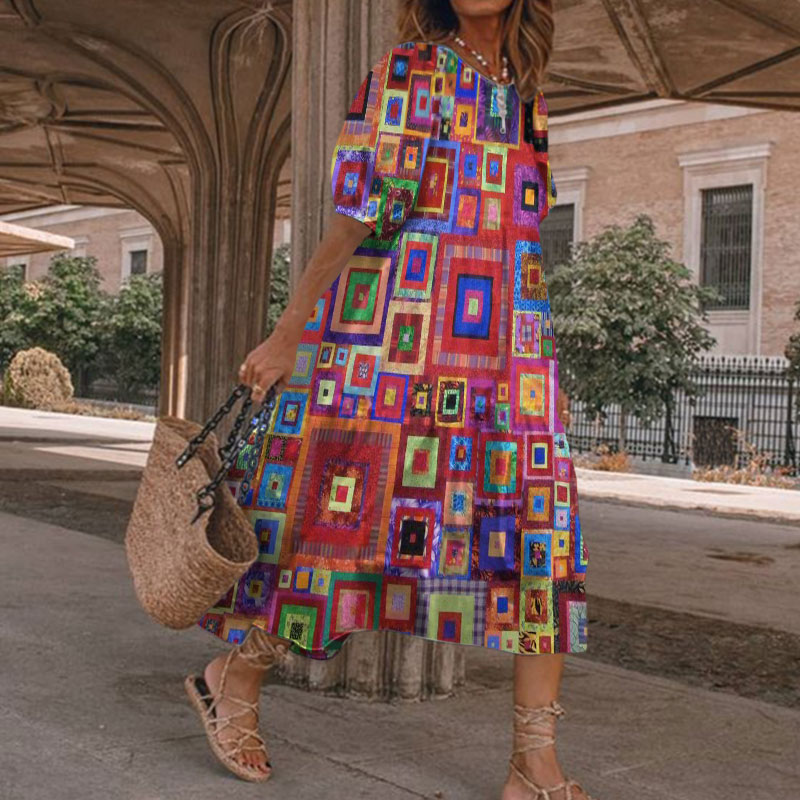 Vacation Bohemian Multi-color Geometric Patchwork Design Printed Casual Loose Dress - Multicolor - 5XL - image 1