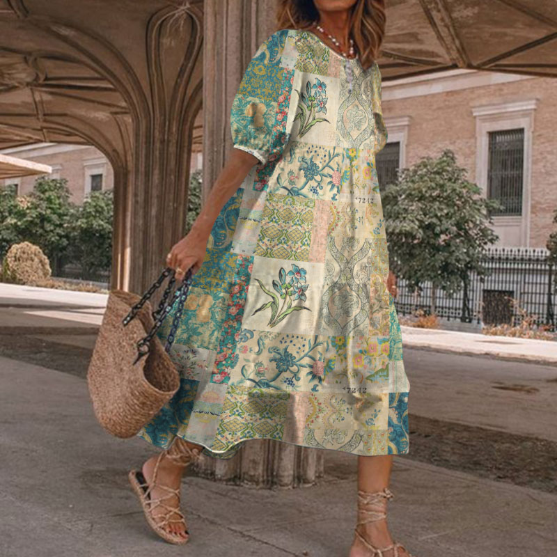 Vintage Boho Floral Print Casual Short Sleeve Loose Dress - Green - 5XL - image 1