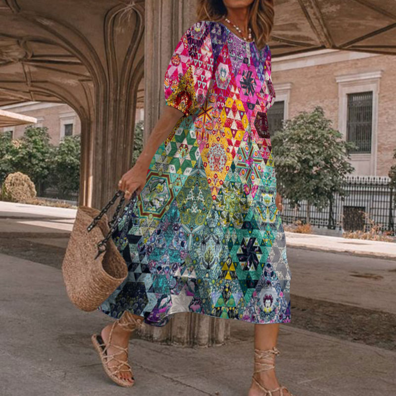 Retro Bohemian Ombre Floral Geometric Patchwork Print Casual Short Sleeve Loose Dress - Green - 5XL - image 1