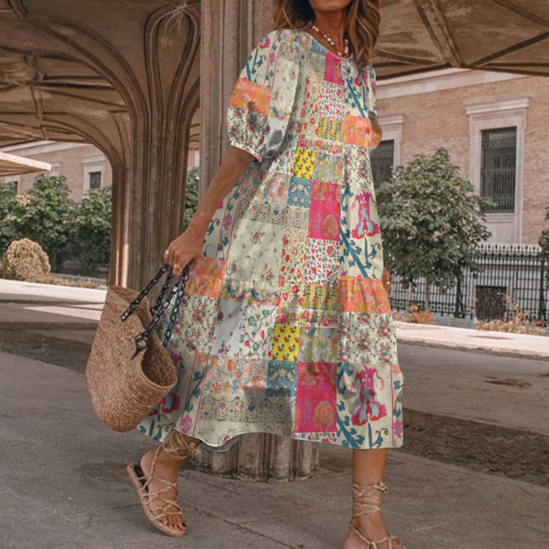 Retro Literary Bohemian Floral Print Casual Short Sleeve Loose Dress - Beige - 5XL - image 1