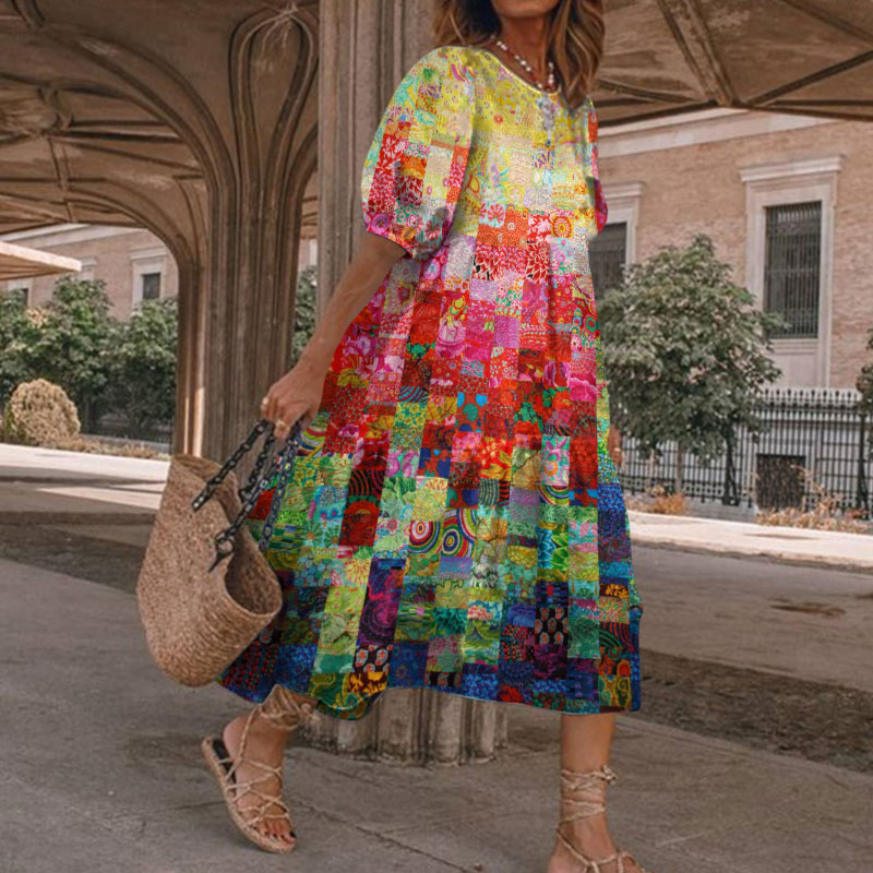 Bohemian Retro Ombre Floral Print Casual Holiday Loose Dress - Yellow - 5XL - image 1