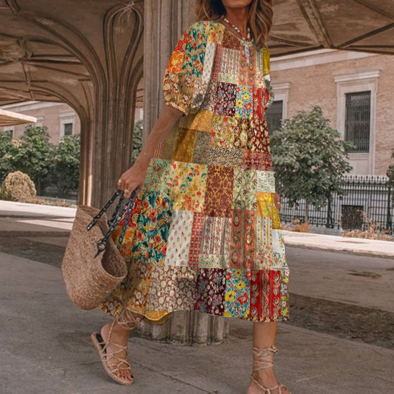 Bohemian Retro Pastoral Floral Print Casual Vacation Loose Dress - Yellow - 5XL - image 1
