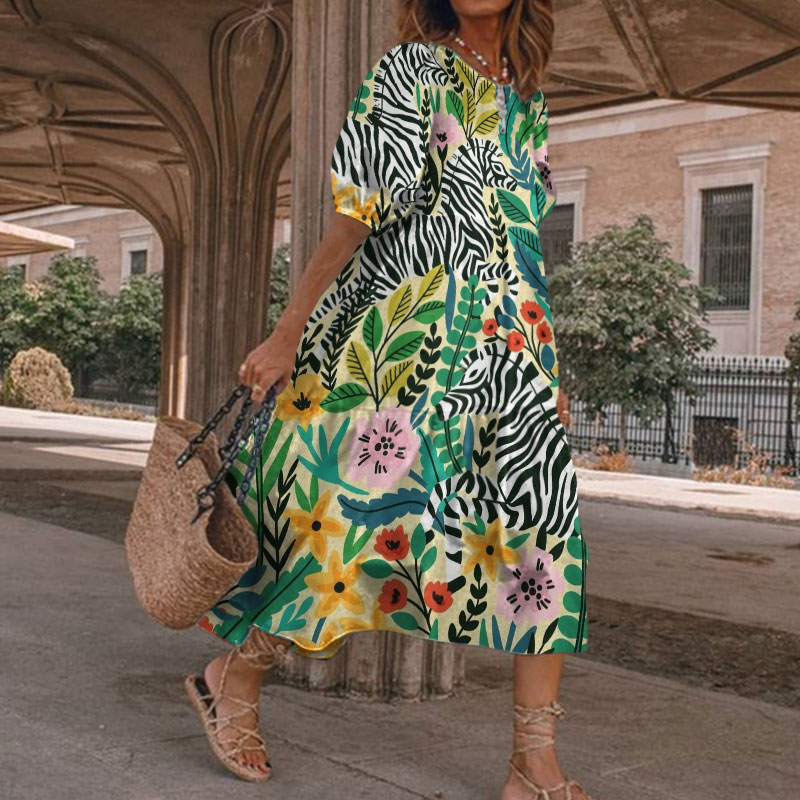 Bohemian Tropical Floral Zebra Print Casual Vacation Loose Dress - Green - 5XL - image 1