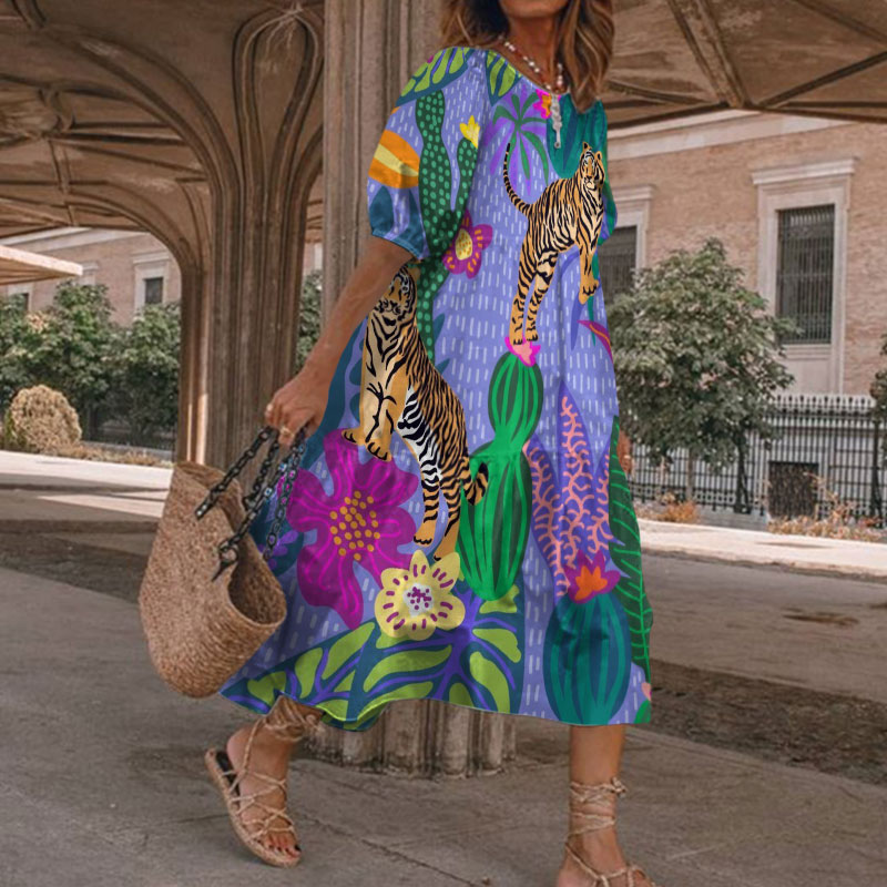 Vacation Bohemian Tropical Floral Tiger Print Casual Loose Dress - Purple - 5XL - image 1