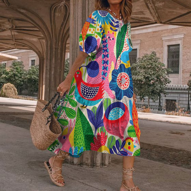 Vacation Bohemian Tropical Floral Cute Animal Print Casual Loose Dress - Multicolor - 5XL - image 1