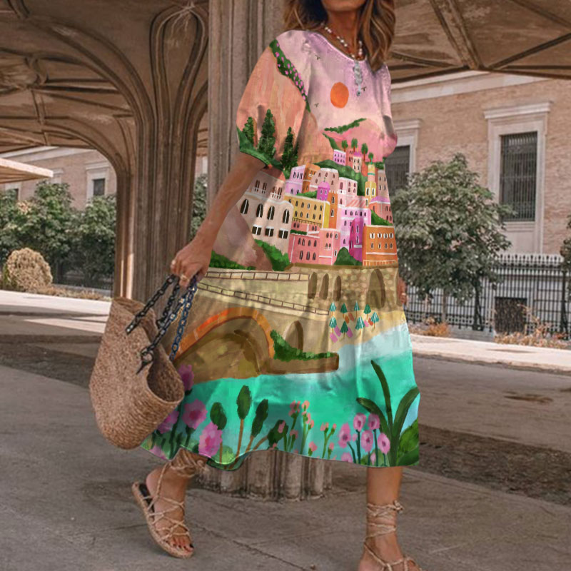 Summer Vacation Travel Landscape Oil Painting Art Print Casual Loose Dress - Pink - 5XL - image 1