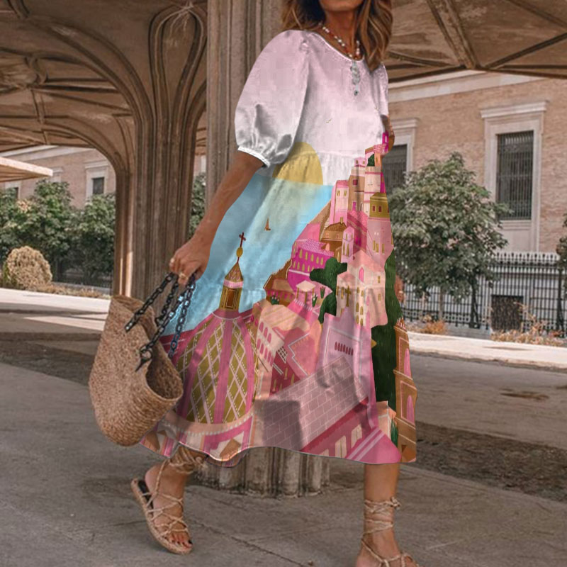 Holidays In The Sun Landscape Oil Painting Art Print Casual Loose Dress - Pink - 5XL - image 1