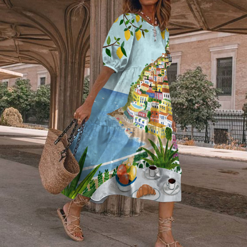 Holiday Seaside Brunch Landscape Oil Painting Art Print Casual Loose Dress - Blue - 5XL - image 1