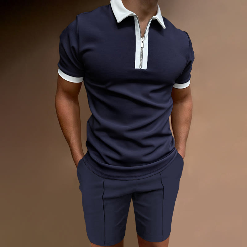 Fashion Casual Short Sleeve Polo Shirt And Shorts Polo Set - Blue - 5XL - image 1
