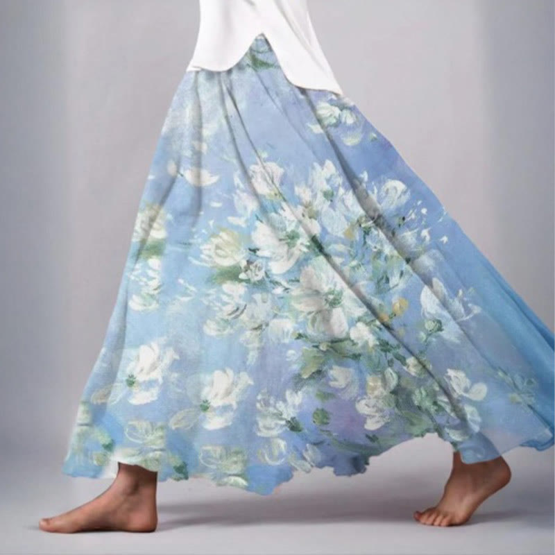 Women's Oil Painting Pear Blossom Art Print Skirt - Light Blue - 5XL - image 1