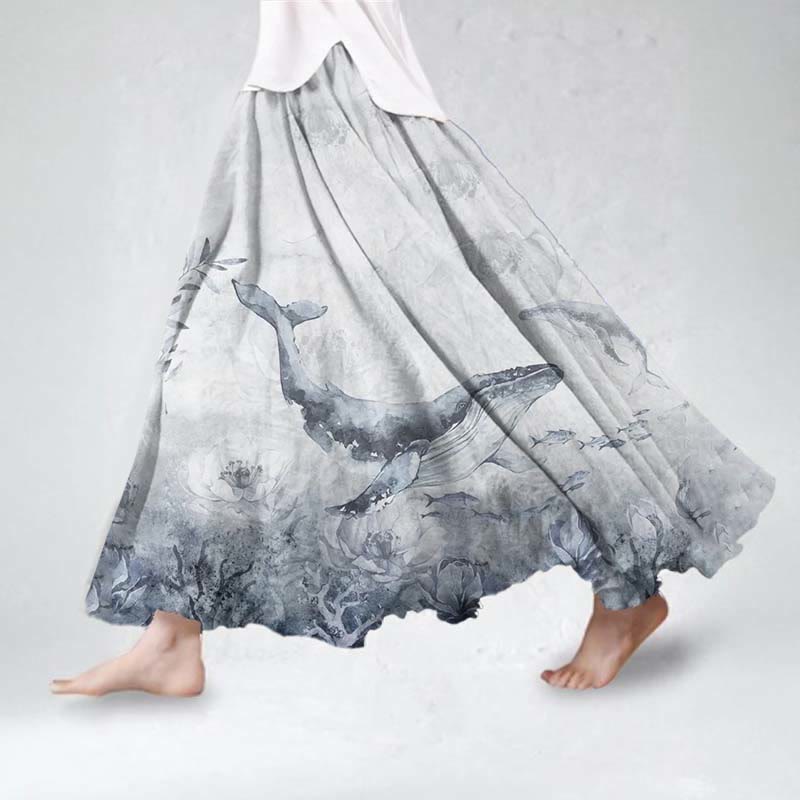 Women's Vintage Watercolor Whale Floral Art Print Skirt - Light Gray - 5XL - image 1