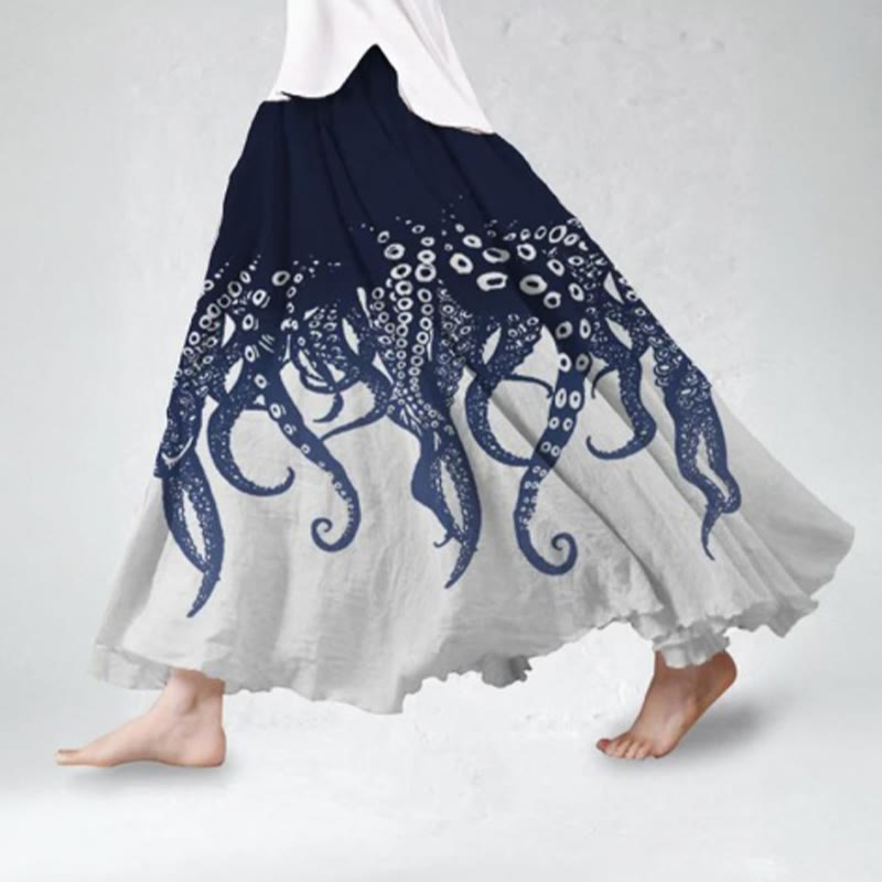 Women's Japanese Vintage Octopus Tentacles Art Print Skirt - Dark Blue - 5XL - image 1