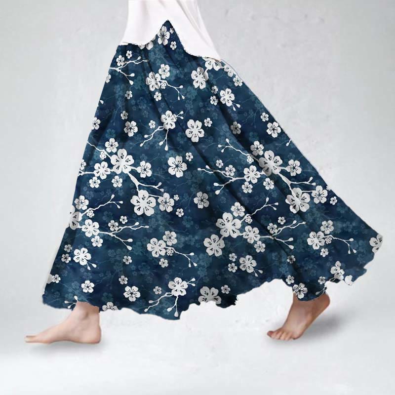 Women's Japanese Retro White Sakura Art Print Skirt - Blue - 5XL - image 1