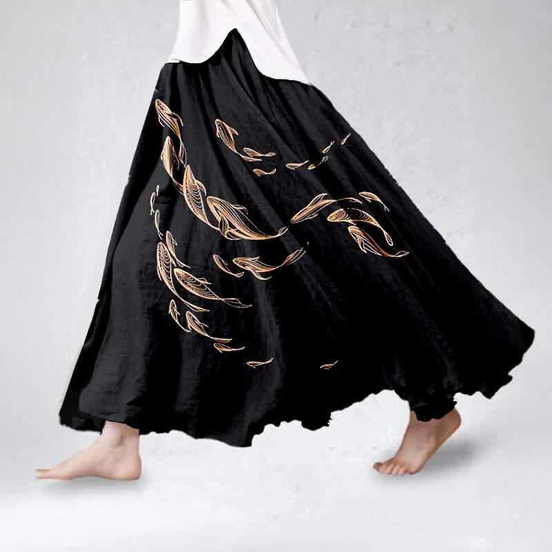 Women's Japanese Retro Watercolor Goldfish Art Print Skirt - Black - 5XL - image 1