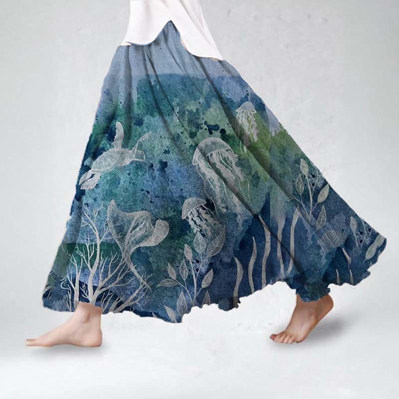 Women's Oil Painting Ocean Animals Graffiti Art Print Skirt - Blue - 5XL - image 1