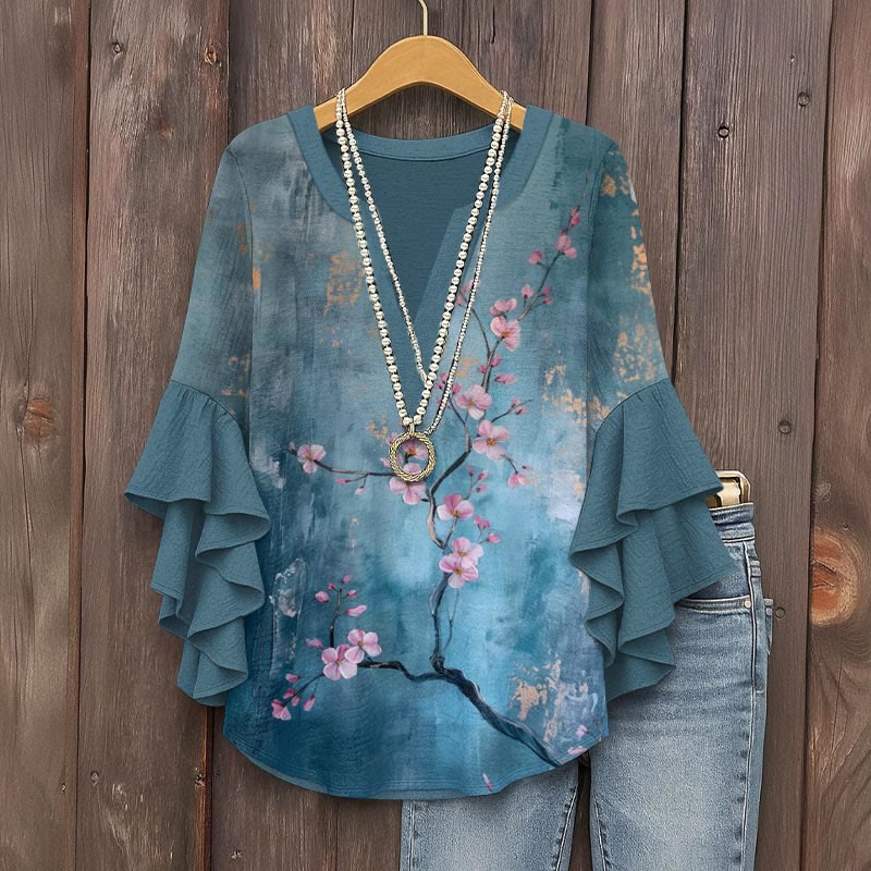 Retro Peach Blossom Oil Painting Print V-neck Half Sleeve Blouse - Blue - 5XL - image 2
