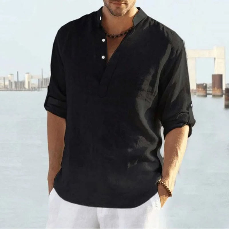 Men's Casual Cotton Linen Solid Color Henley Neck Long Sleeve Shirt - Black - 5XL - image 3