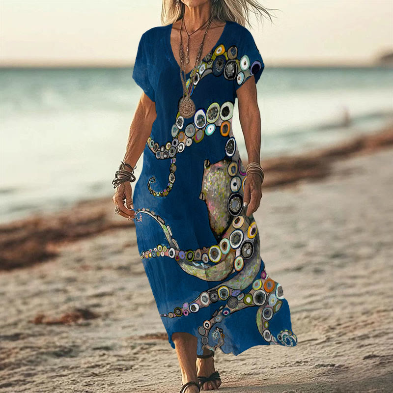Colorful Octopus Oil Painting Print V-neck Dress - Blue - 6XL - image 2