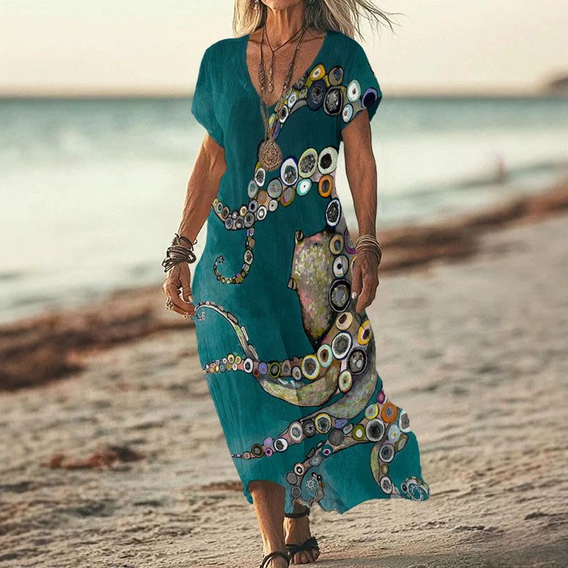Colorful Octopus Oil Painting Print V-neck Dress - Lake Blue - 6XL - image 1