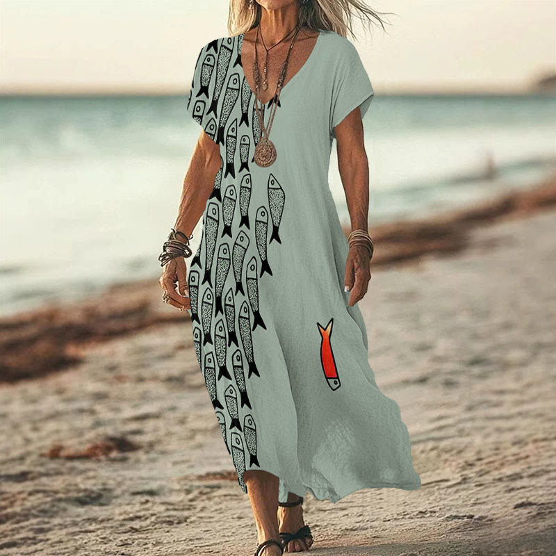Cute Simple Lines Abstract Geometric Fish Art Print V-neck Dress - Light Green - 6XL - image 4