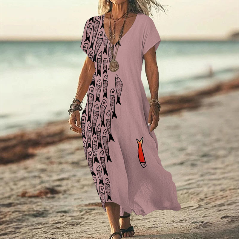 Cute Simple Lines Abstract Geometric Fish Art Print V-neck Dress - Pink - 6XL - image 2