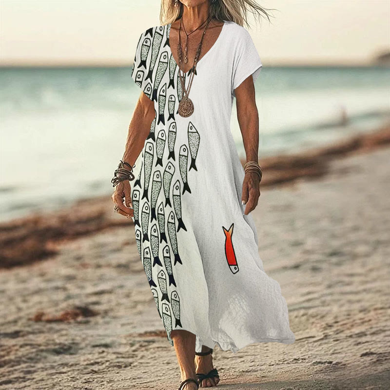 Cute Simple Lines Abstract Geometric Fish Art Print V-neck Dress - White - 6XL - image 1