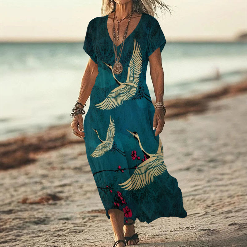 Women's Japanese Style Crane Art Print V-neck Dress - Dark Green - 6XL - image 1