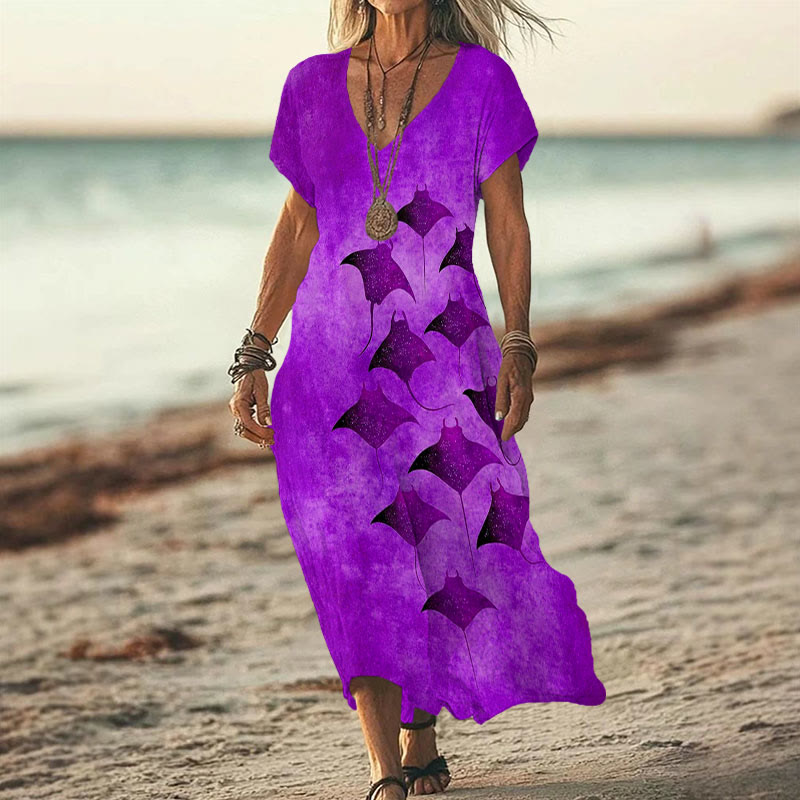 Vintage Manta Ray Art Print V-neck Dress - Purple - 6XL - image 2
