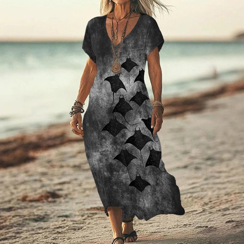 Vintage Manta Ray Art Print V-neck Dress - Grey - 6XL - image 3