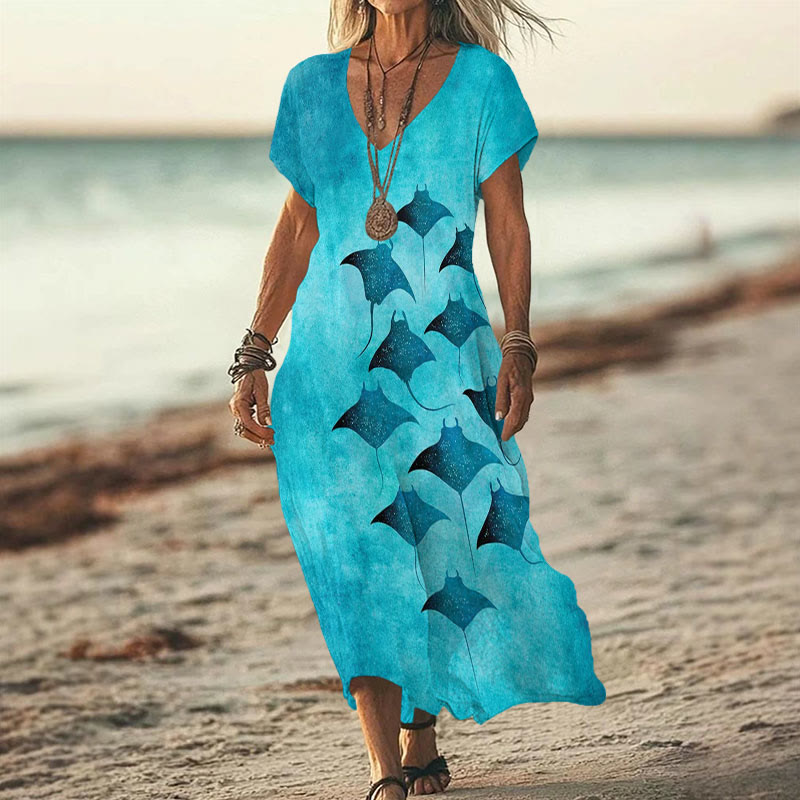 Vintage Manta Ray Art Print V-neck Dress - Lake Blue - 6XL - image 1