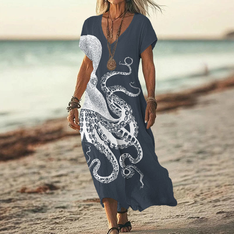 Japanese Art Octopus Graphic Art Print V-neck Dress - Grey - 6XL - image 2