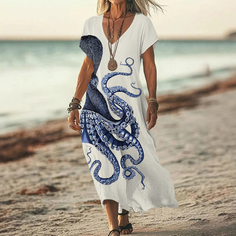 Japanese Art Octopus Graphic Art Print V-neck Dress - White - 6XL - image 1
