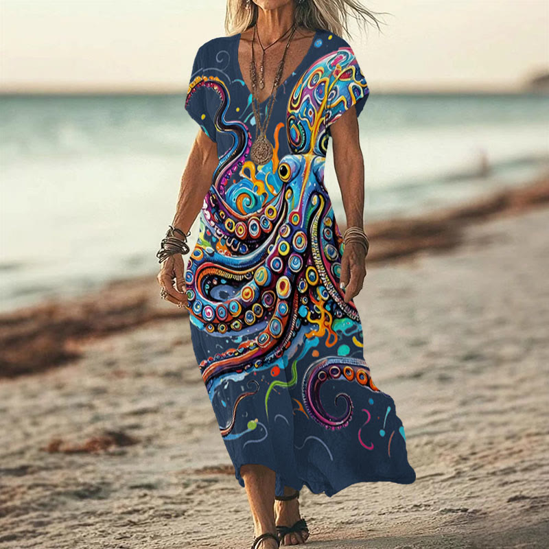 Vintage Rainbow Octopus Art Print V-neck Dress - Blue - 6XL - image 2