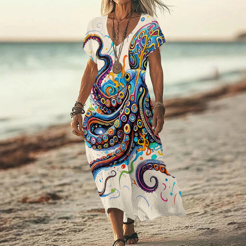 Vintage Rainbow Octopus Art Print V-neck Dress - Beige - 6XL - image 1