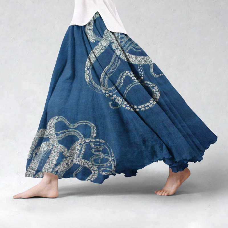 Retro Creative Art Octopus Pattern Print Skirt - Blue - 5XL - image 6