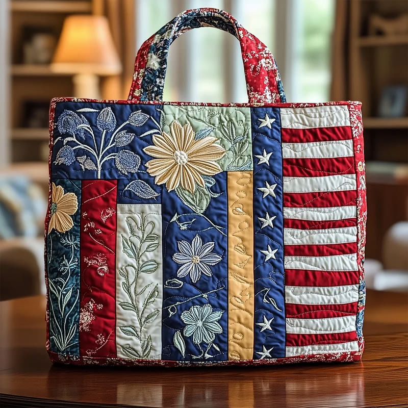 Independence Day Floral Flag Quilted Tote Bag - Multicolor - one size - image 1