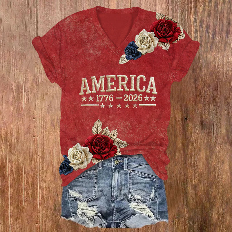 Independence Day Floral Pattern Print Short Sleeved V-neck T-shirt - Red - US32-34(5XL) - image 1