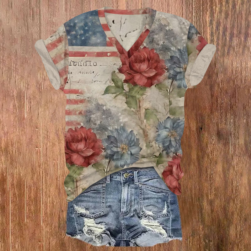 Independence Day Watercolor Floral Pattern Print Short Sleeved V-neck T-shirt - Multicolor - US32-34(5XL) - image 1