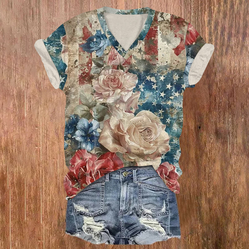American Independence Day Flag And Floral Pattern Print Short Sleeved V-neck T-shirt - Multicolor - US32-34(5XL) - image 1