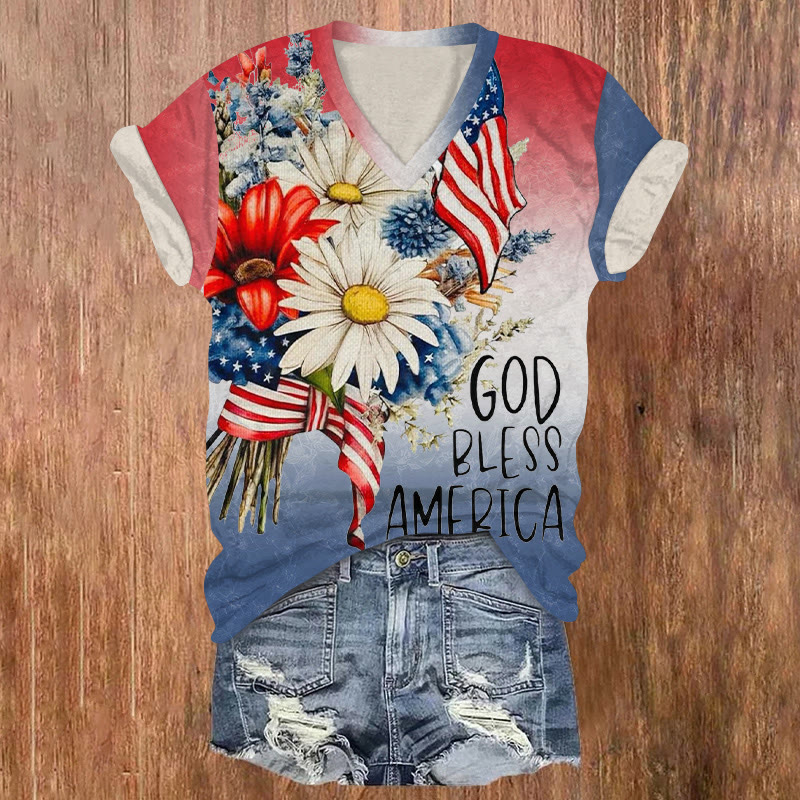 Independence Day God Bless America Pattern Print Short Sleeved V-neck T-shirt - Multicolor - US32-34(5XL) - image 1