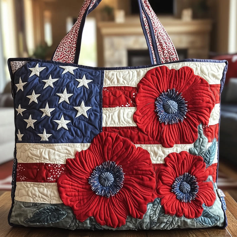 Independence Day Poppy Flag Pattern Print Quilted Tote Bag - Multicolor - one size - image 1