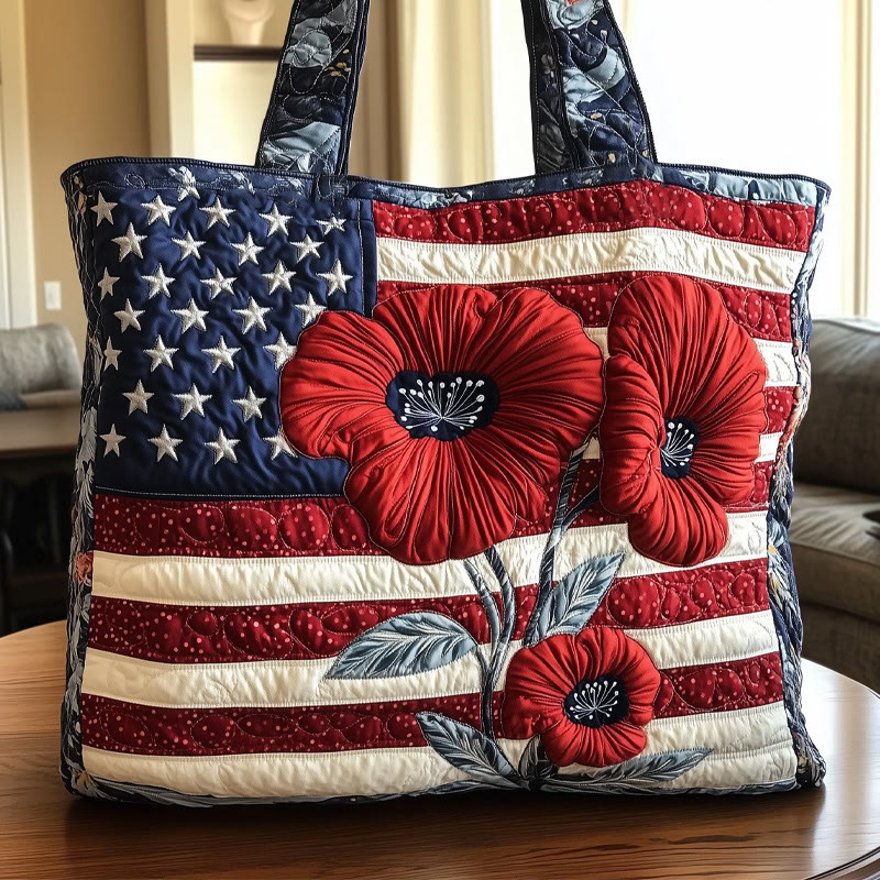 Usa Independence Day Poppy Flag Pattern Print Quilted Tote Bag - Multicolor - one size - image 1