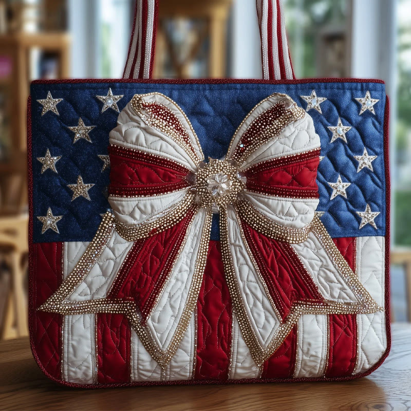  Usa Independence Day Flag Bow Pattern Print Quilted Tote Bag - Multicolor - one size - image 1
