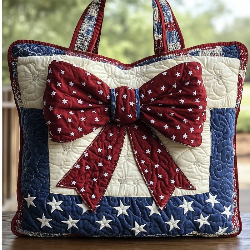 Ameican Independence Day Flag Bow Pattern Print Quilted Tote Bag - Multicolor - one size - image 1