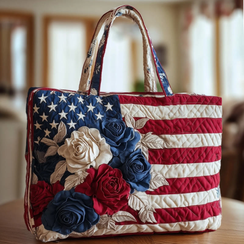 American Rose Flag Independence Day Pattern Print Quilted Tote Bag - Multicolor - one size - image 1
