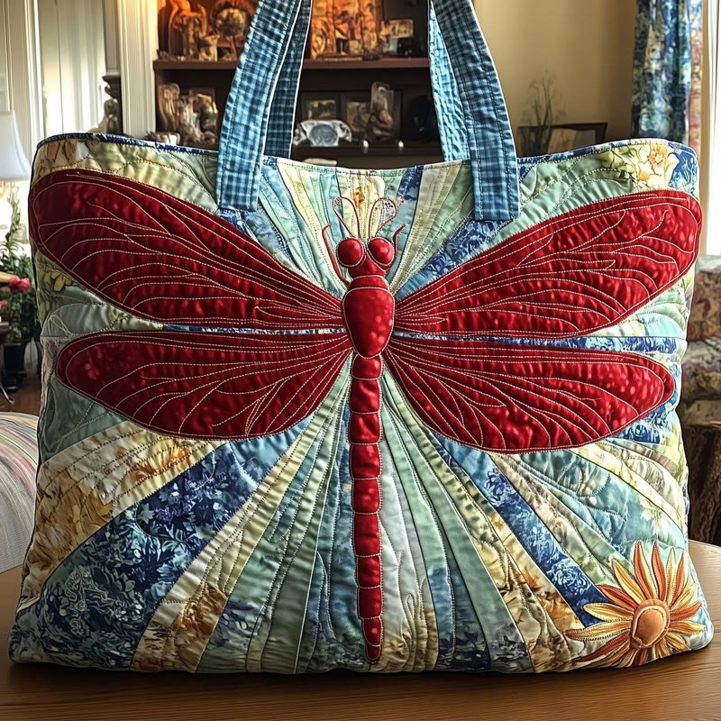 Hippie Dragonfly Patchwork Pattern Print Quilted Tote Bag - Multicolor - one size - image 1