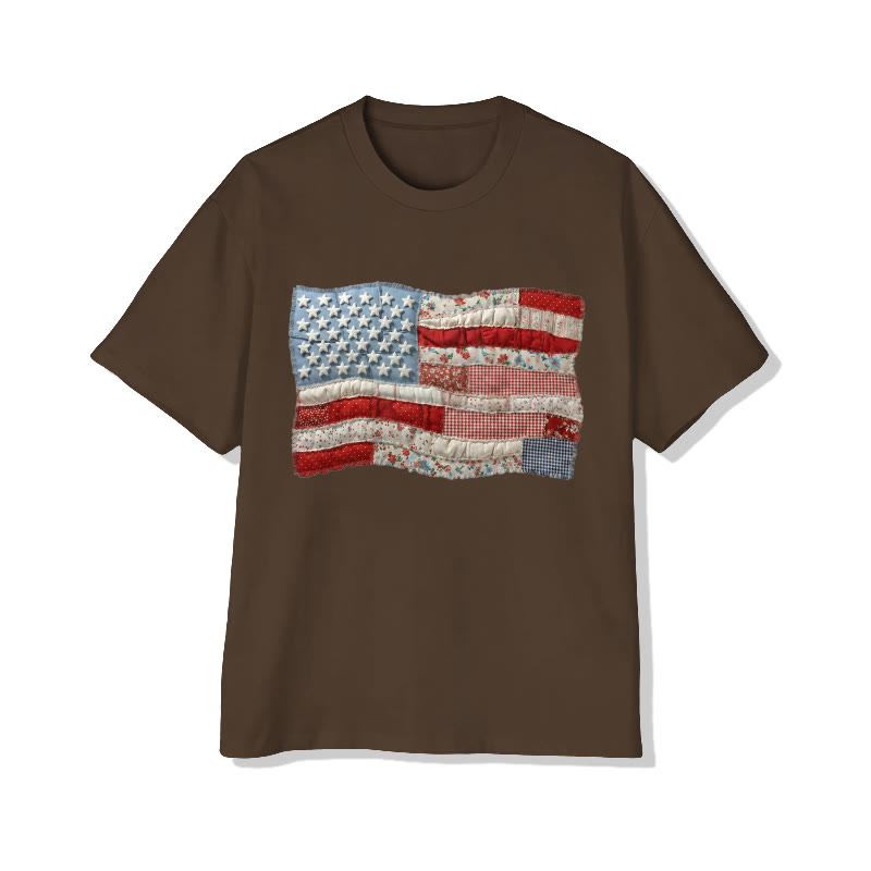 American Flag On Independence Day Print Pattern Cotton Print T-shirt - Coffee - US16-18(2XL) - image 8